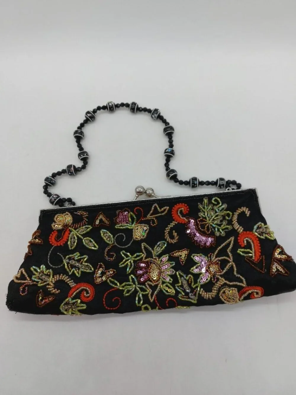 Beaded Purse Bag Handbag Kiss Clasp Black Floral Multicolor